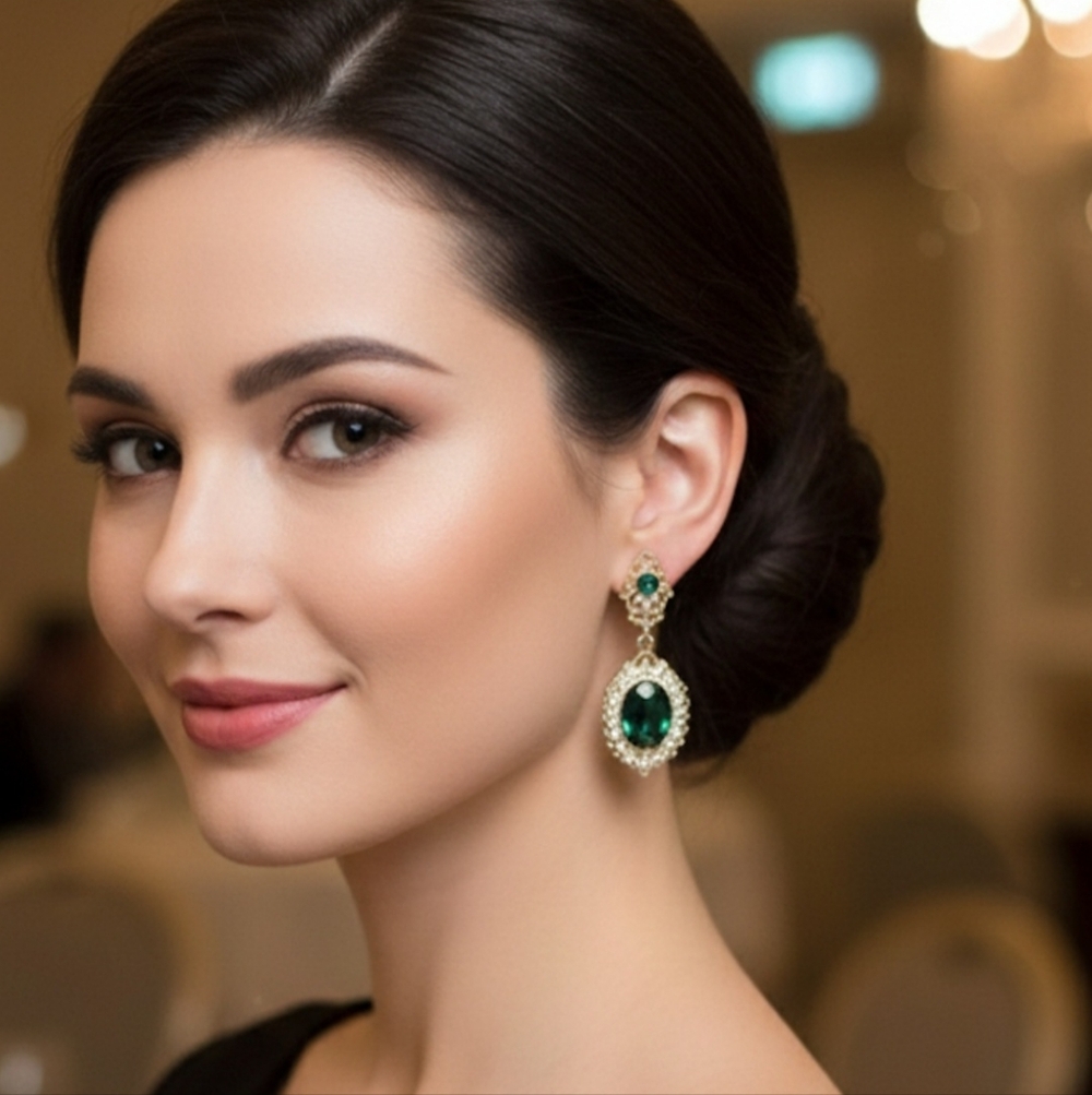 Alloy and crystal inlay earrings, durable earrings, gold color and Green